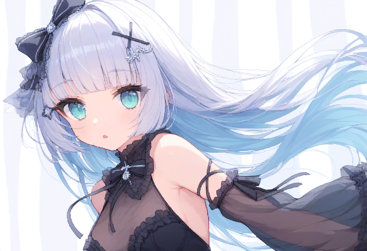 1girl, striped background, aqua eyes, long hair, hime cut, white hair, short ban s-1959596501