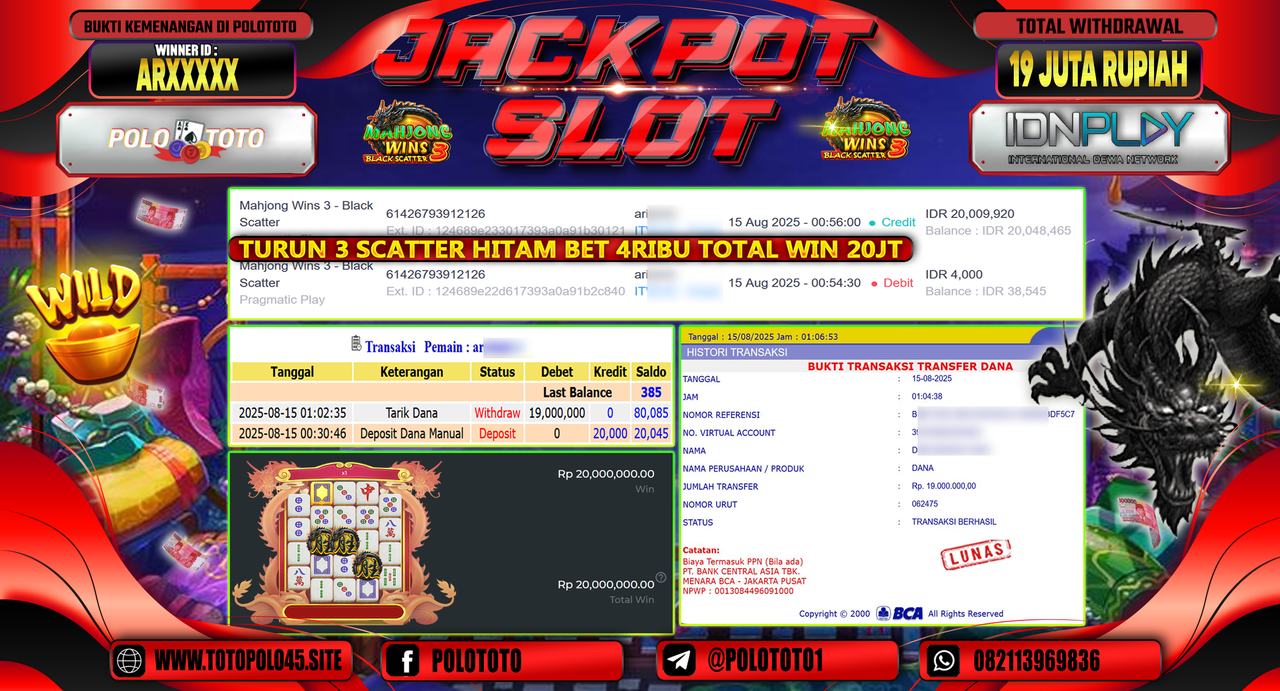 POLOTOTO JACKPOT SLOT MAHJONG WINS 3 - BLACK SCATTER Rp.19.000.000,-LUNAS