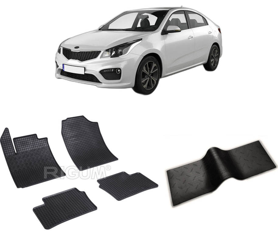 Set covorase auto KIA RIO IV din 02.2017-PREZENT, cu covoras tunel median, CAROSERIE HATCHBACK INCLUSIV FACELIFT, Presuri cauciuc 100%, compatibil cu autoturismul KIA RIO IV, Rigum