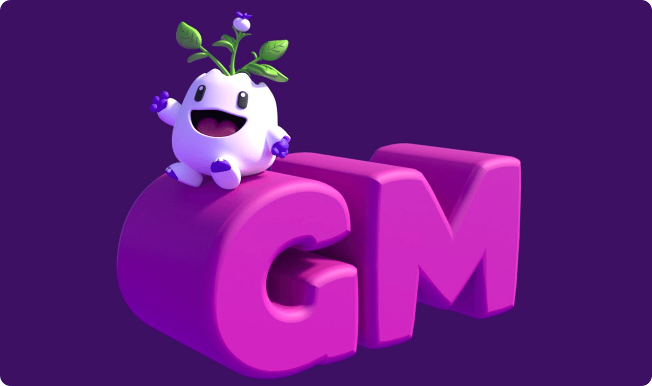 Image of Magic Eden mascot sitting on the 3D letters GM