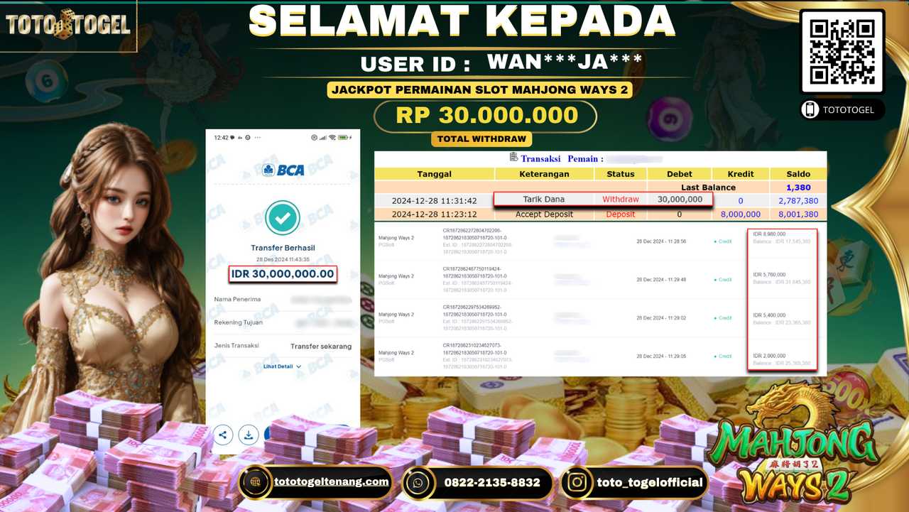 Bukti Pembayaran Jackpot  Permainan Slot Mahjong Ways 2  : WAN***JA*** LUNAS