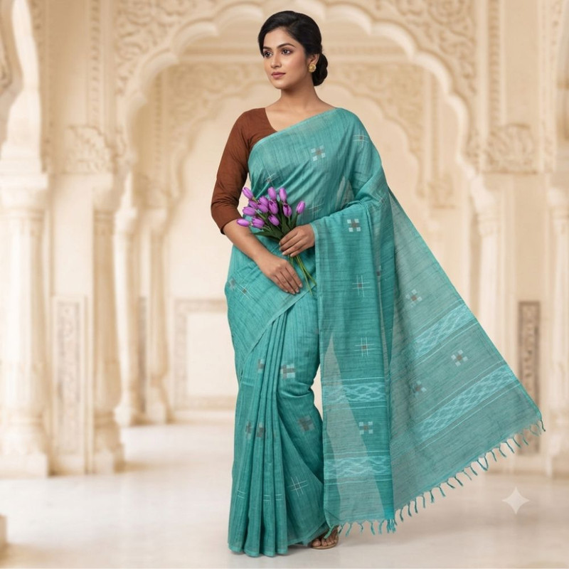 Women's Hand Block Printed Banswara Silk Solid Color Saree with Unstitched Blouse Piece
