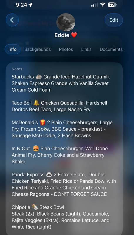 screenshot of Buck's notes app on his phone, listing Eddie's food preferences