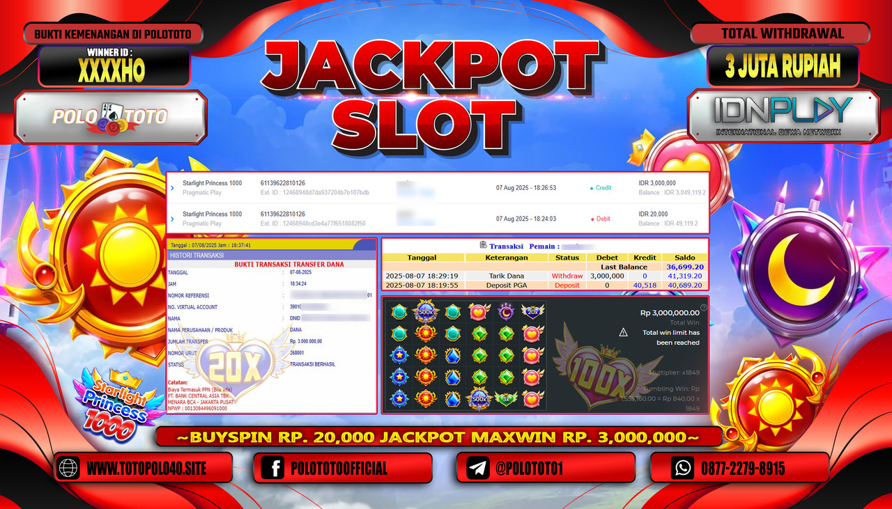 POLOTOTO JACKPOT SLOT STARLIGHT PRINCESS 1000 Rp.3.000.000,-LUNAS