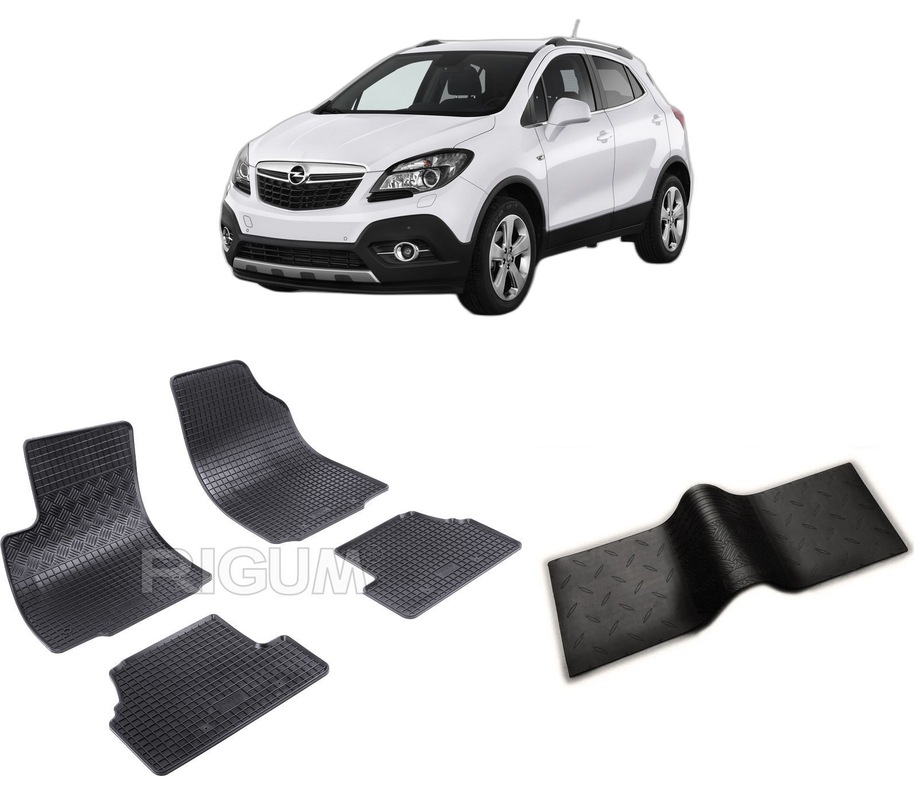 Set covorase auto OPEL MOKKA A din 09.2012-06.2019, cu covoras tunel median, CAROSERIE SUV, Presuri cauciuc 100%, compatibil cu autoturismul OPEL MOKKA A, Rigum