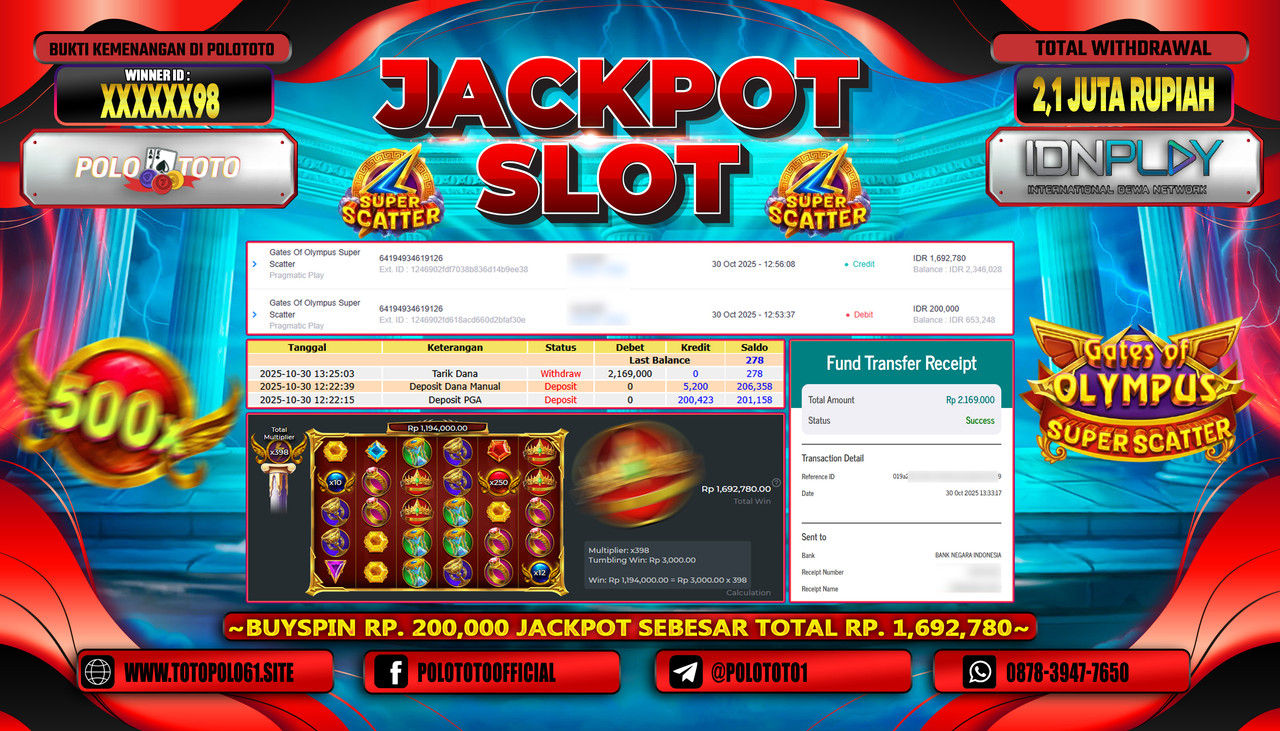 POLOTOTO JACKPOT SLOT GATES OF OLYMPUS SUPER SCATTER Rp.2.100.000,- LUNAS