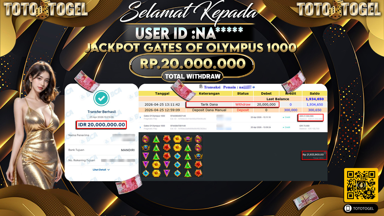Bukti Pembayaran Jackpot Permainan Slot Gates Of Olympus 1000 ID:NA*****LUNAS