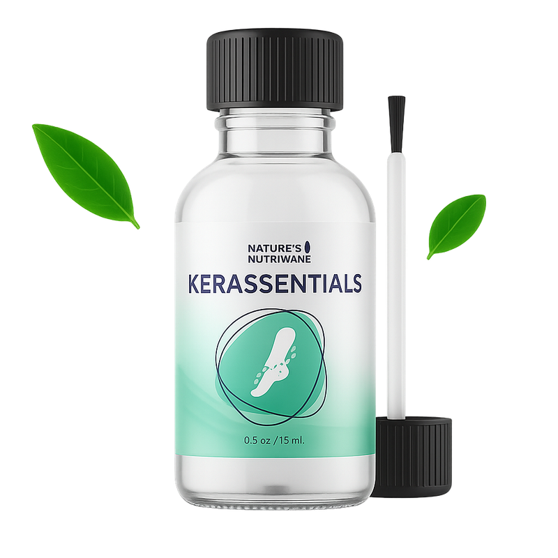 Kerassentials antifungal oil bottle with green background and leaves