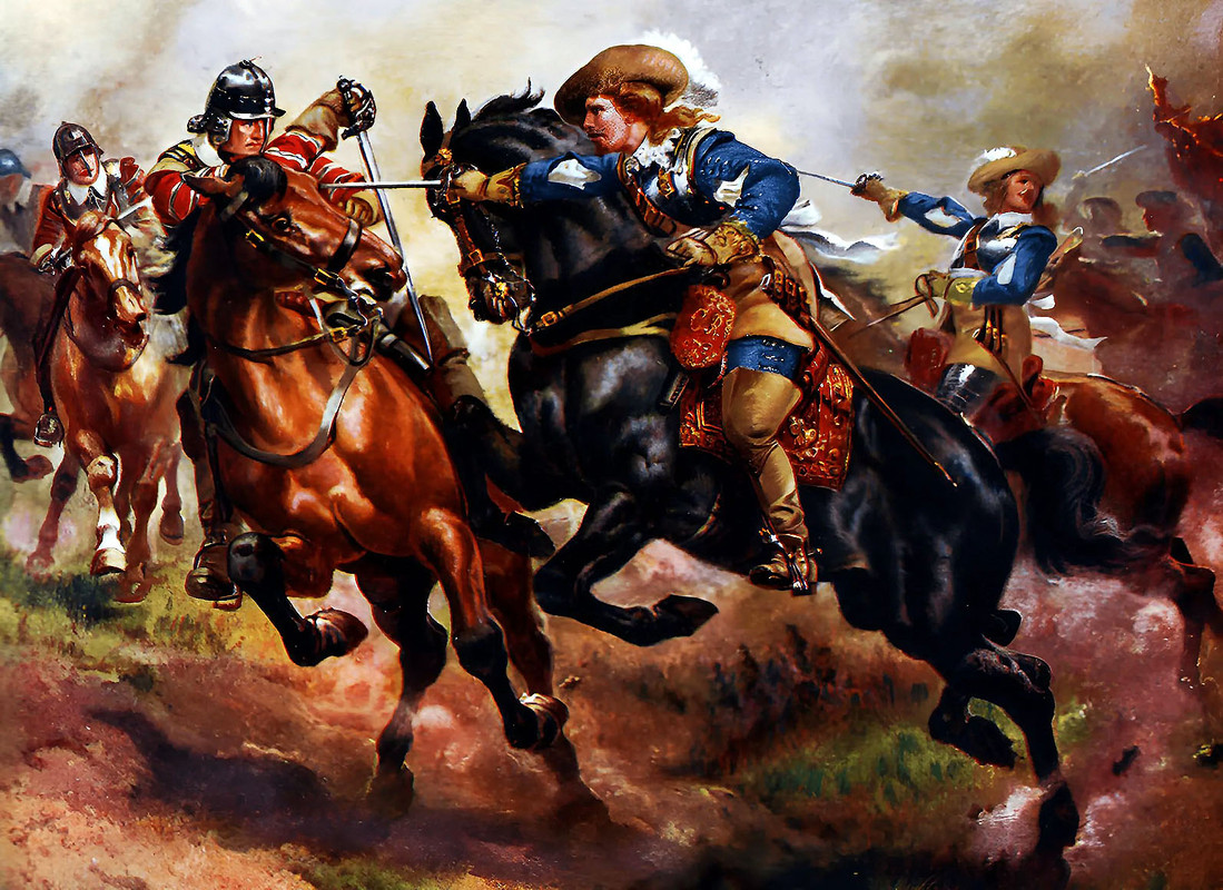Batalla de Edgehill (1642). La caballería realista atacando. Autor Harry Payne