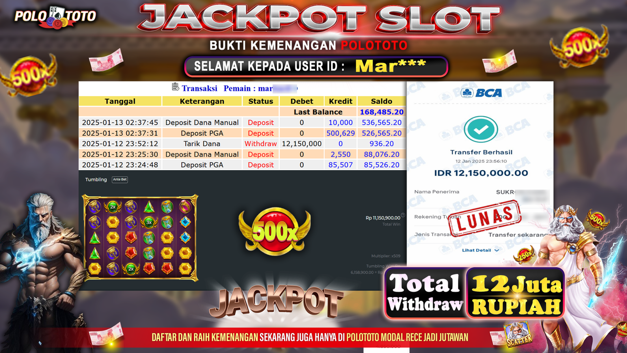 POLOTOTO JACKPOT SLOT GATES OF OLYMPUS 1000 Rp.12,150.000,-