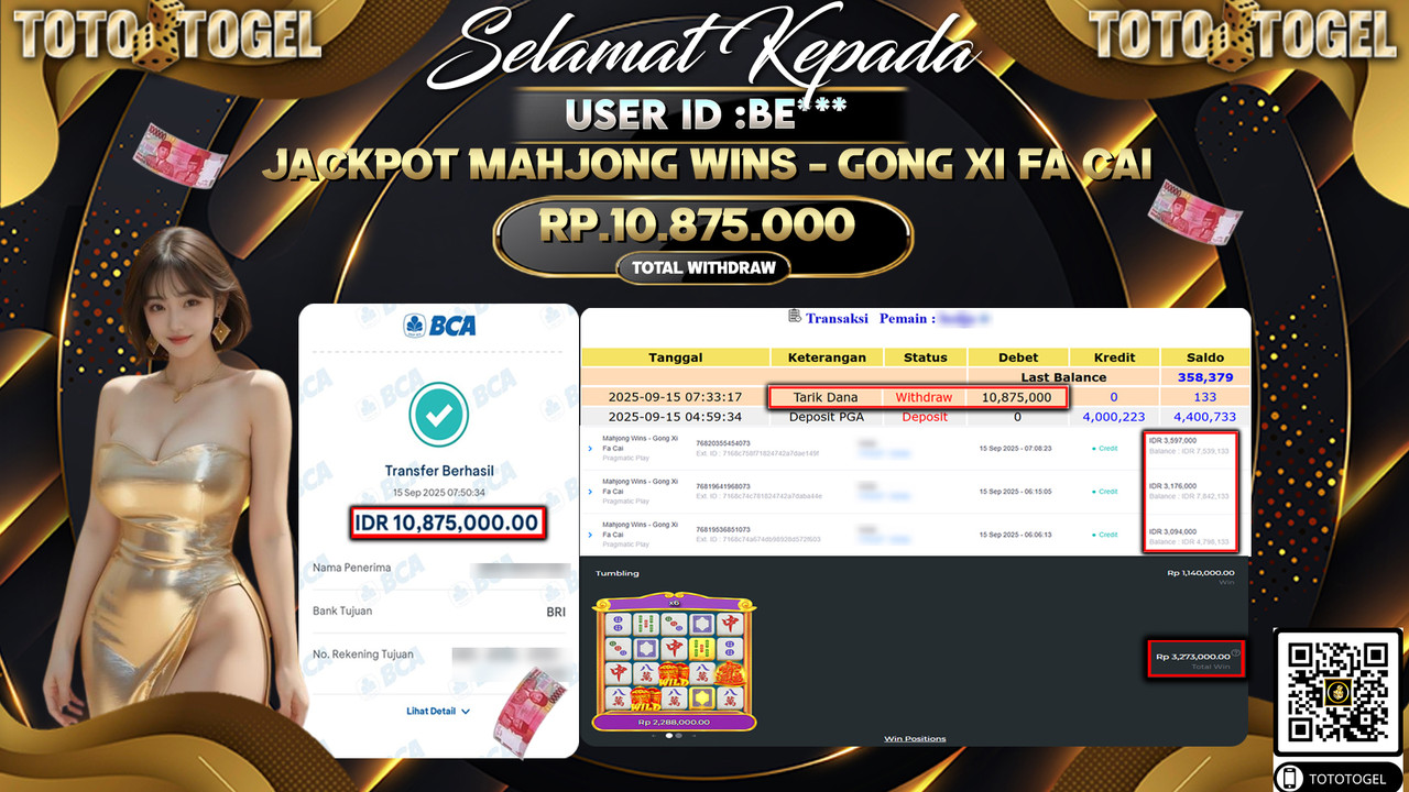 Bukti Pembayaran Jackpot Permainan Slot Mahjong Wins - Gong Xi Fa Cai ID:BE*** LUNAS
