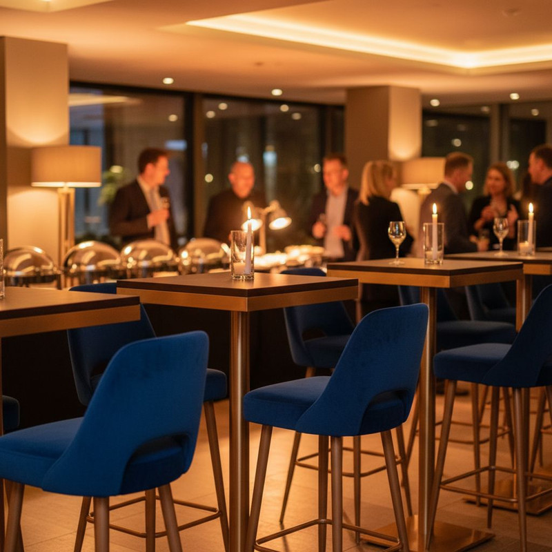 Стильные барные стулья у высоких коктейльных столов в интерьере лаунж-зоны, идеально подходящие для фуршетов и неформального общения.