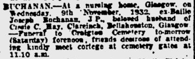 Death Notice - Joseph Buchanan - Glasgow Herald - 11 Nov 1932