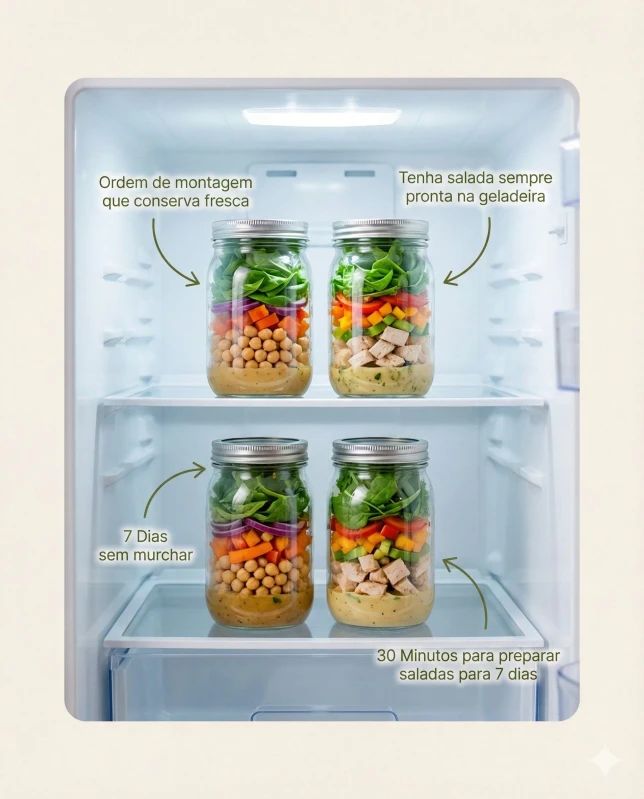 Saladas no pote organizadas na geladeira