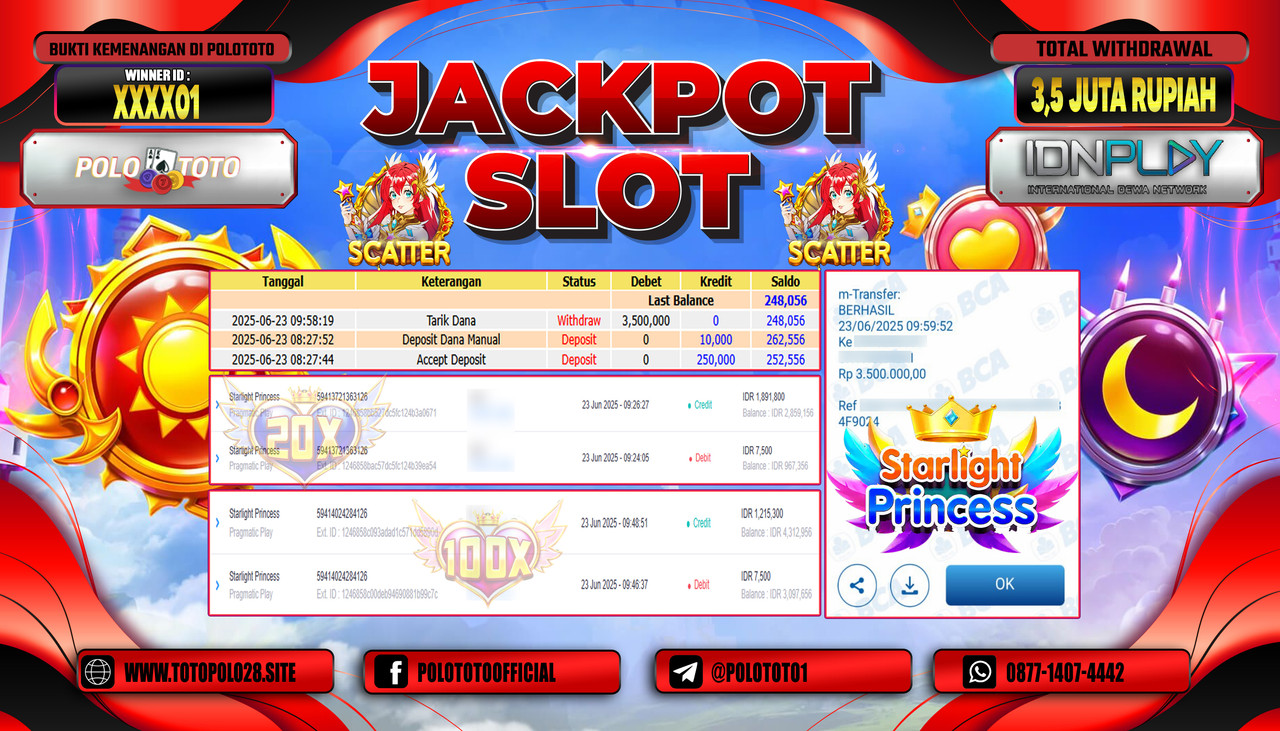POLOTOTO JACKPOT SLOT STARLIGHT PRINCESS Rp.3.500.000,- LUNAS