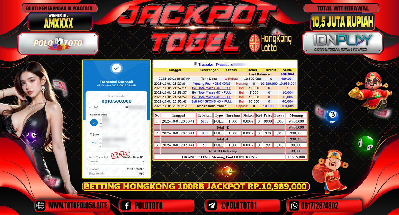 POLOTOTO JACKPOT TOGEL HONGKONG LOTTO Rp.10.500.000,- LUNAS
