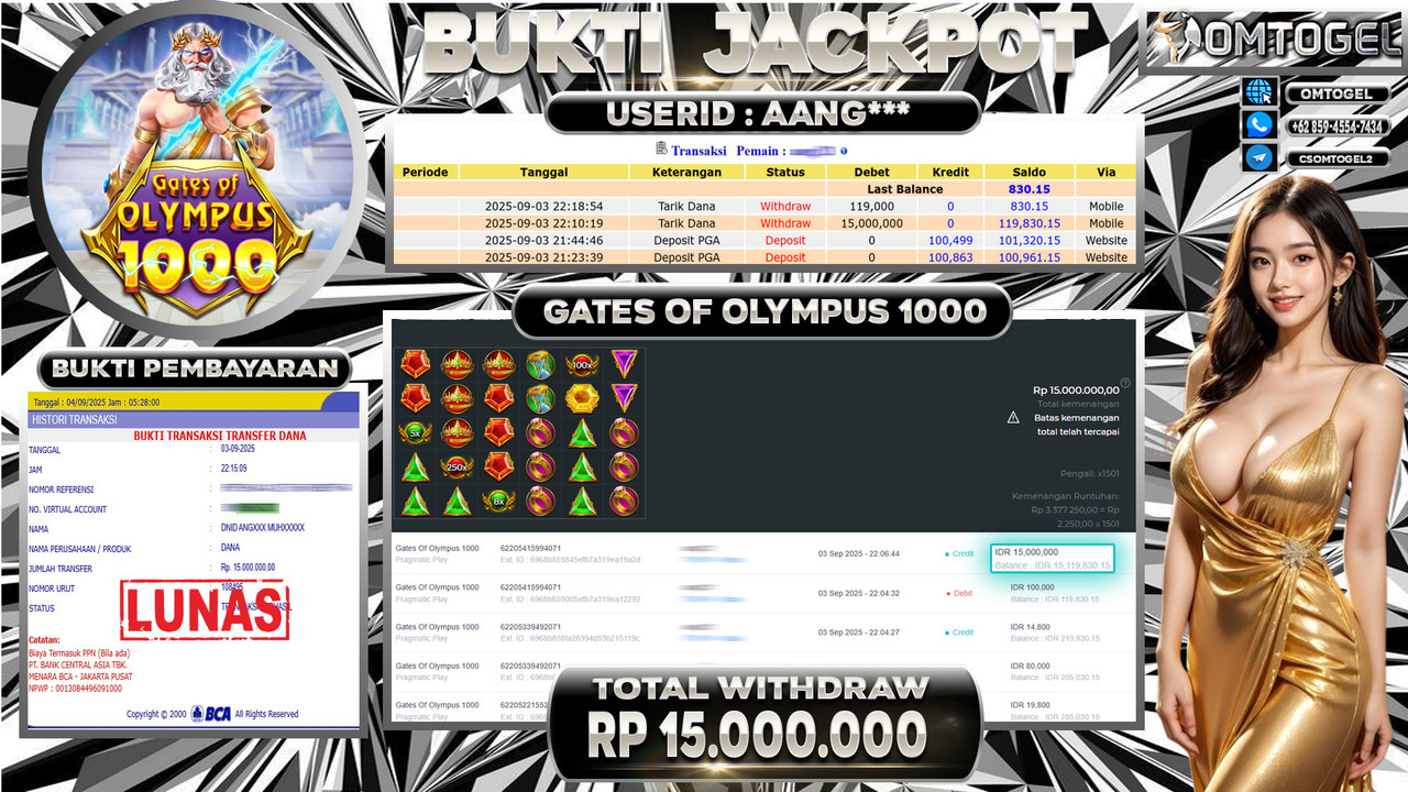 OMTOGEL JACKPOT PRAGMATIC PLAY GATES OF OLYMPUS 1000 15 JUTA DI BAYAR LUNAS ,-