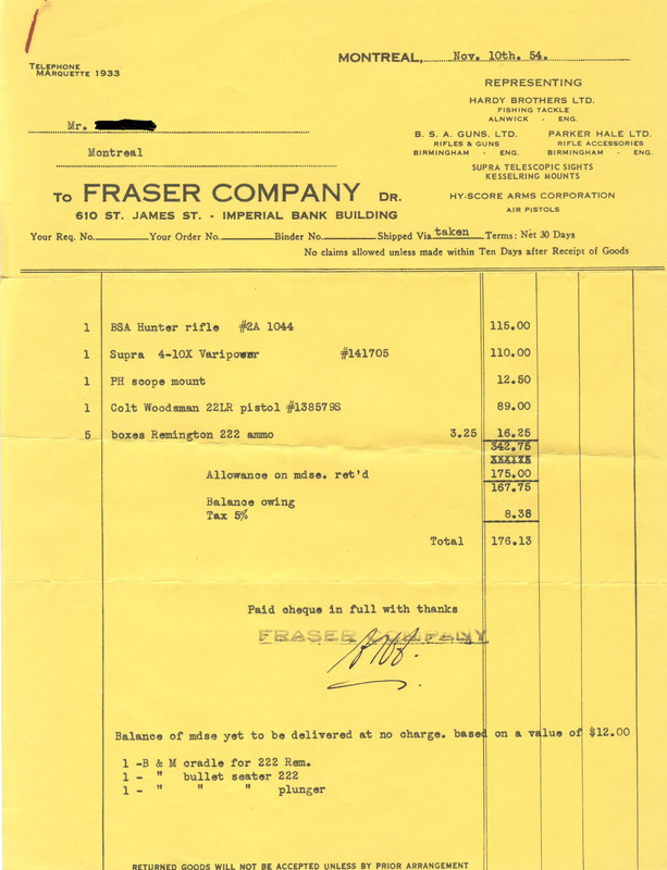 Nov 10 1954-purchase of BSA rifle from Fraser Company