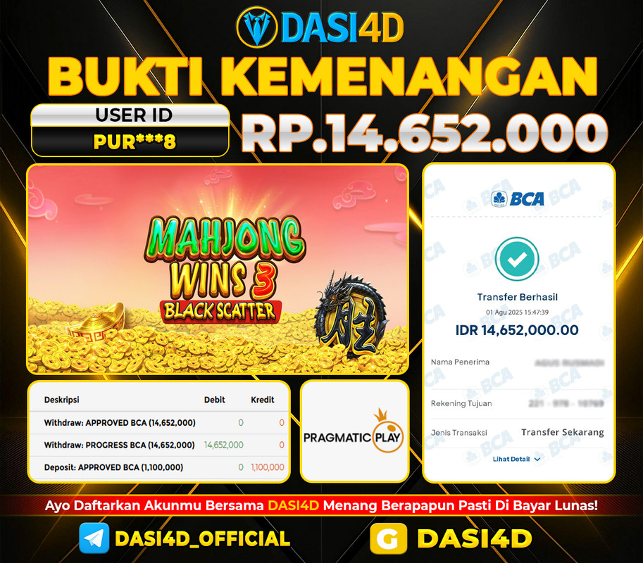 BUKTI KEMENANGAN 01 AGUSTUS DI MAHJONG WINS 3 BLACK SCATTER RP 14.652.000