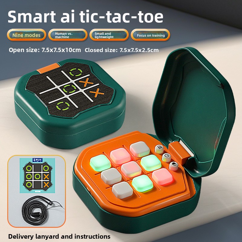 2 Pack Green AI Tic-Tac-Toe Handheld Game Electronic Logic Training Machine with 9 Game Modes and Light-up Buttons for Kids Age 3+ global Home Travel