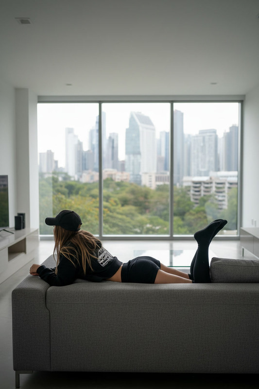 gemini 2 5 flash image Modern apartment in background Sofa in foreground On it a female is laid ou
