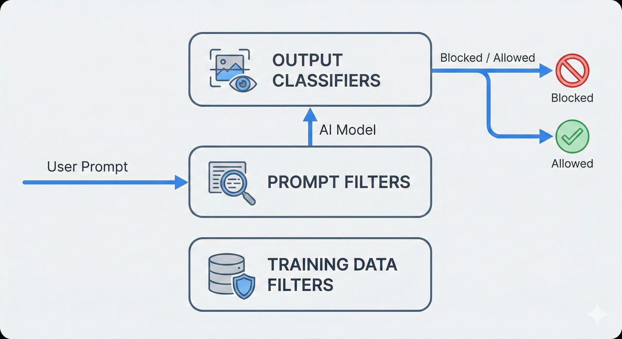 Diagram showing training data filters, prompt filters, and output classifiers