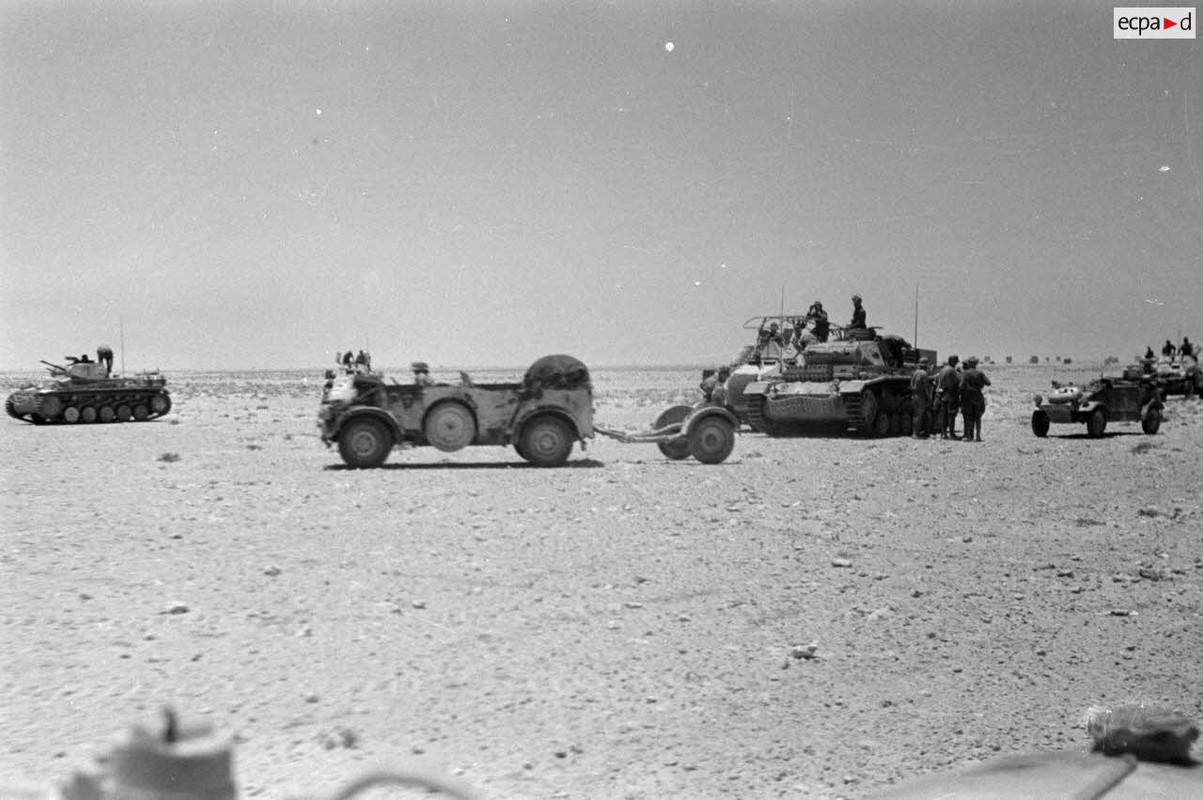 Regroupement de véhicules, des chars Panzer II et III (Pz-II et Pz-III), des blindés SdKfz-263 et un