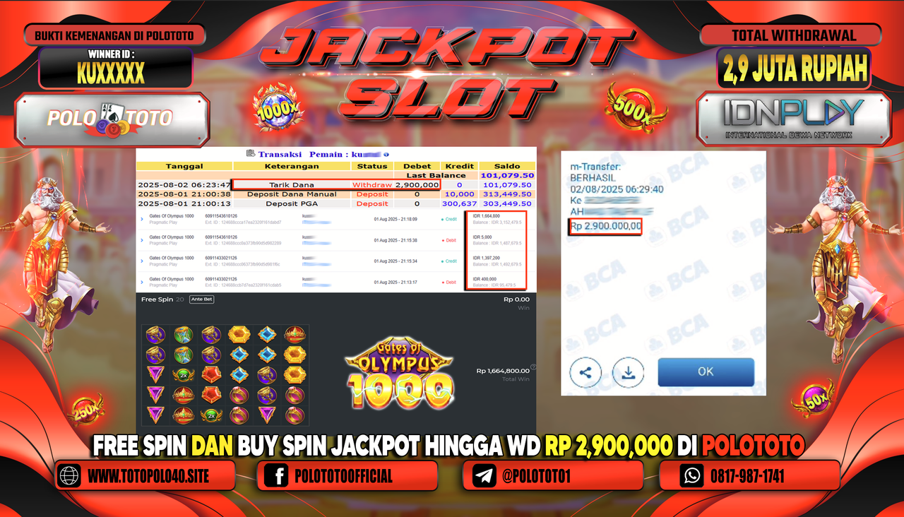 POLOTOTO JACKPOT SLOT GATES OF OLYMPUS 1000 Rp.2.900.000,-LUNAS