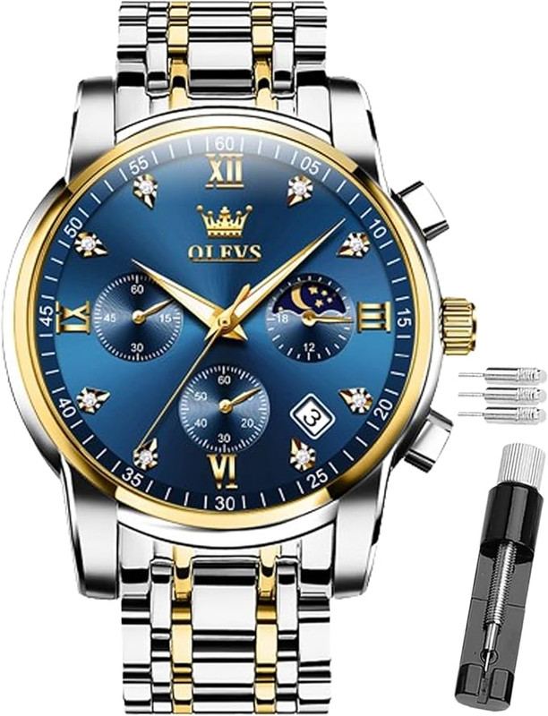 OLEVS GW-G2858 Silver-Gold-Blue Chronograph Watch – Luxury Meets Function
