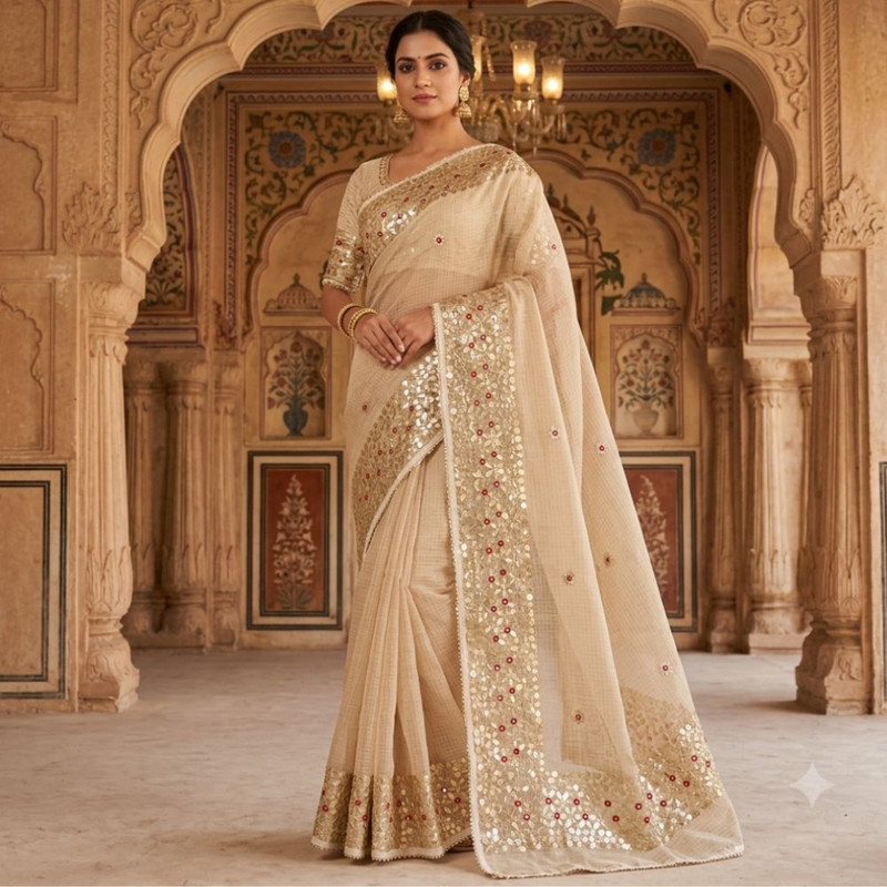 Women's Kota Doria Gota Patti Saree with Aari Work & Unstitched Blouse Piece