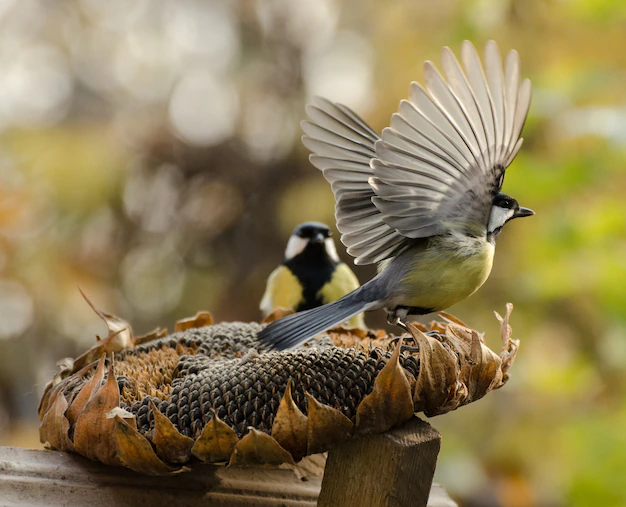 great-tit-birds-eating-sunflower-seeds-from-dry-flower-autumn-garden-one-birds-spreads-its-wings-goi.webp