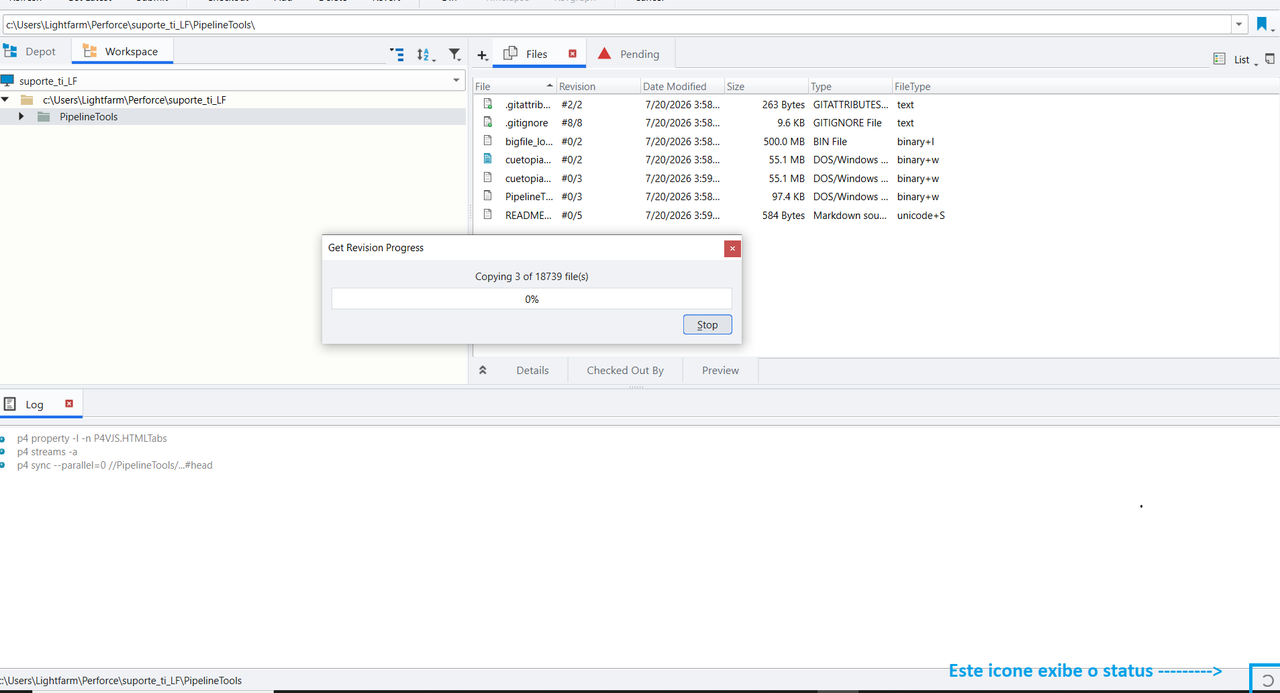 Barra de progresso do Get Latest Revision em andamento no P4V
