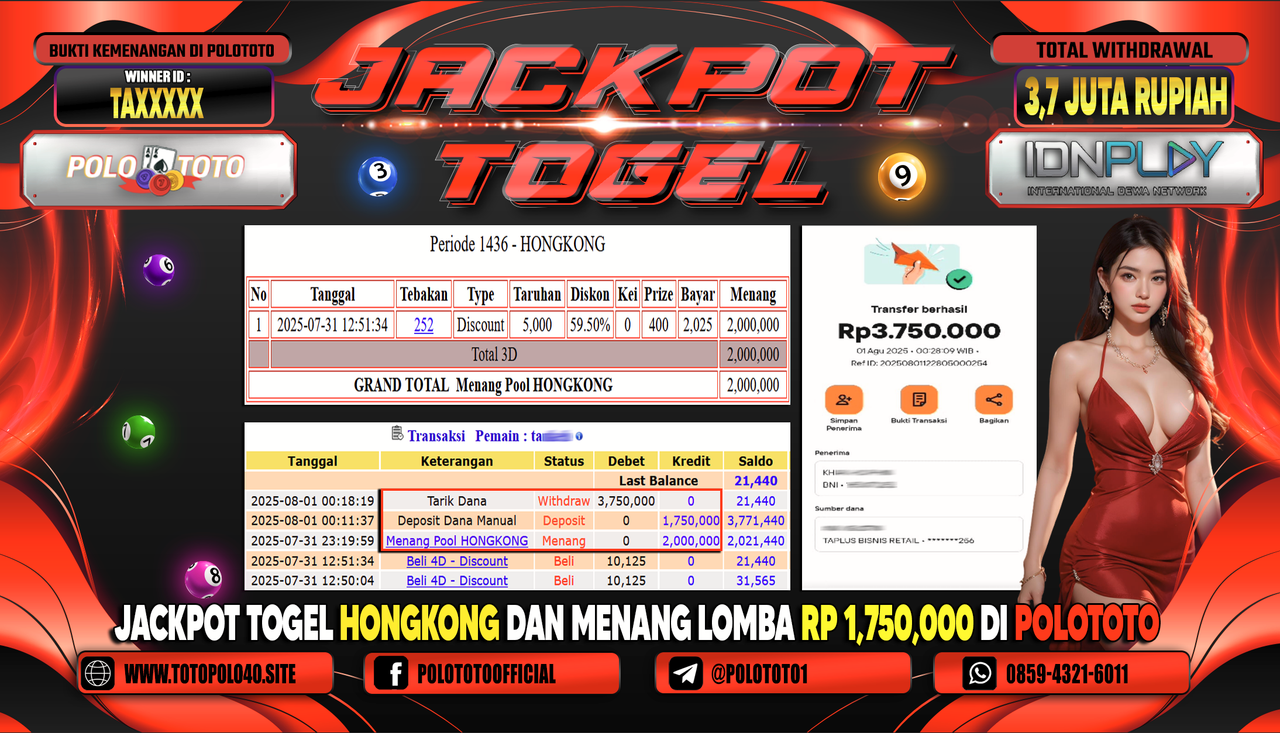 POLOTOTO JACKPOT TOGEL HONGKONG LOTTO Rp.3.700.000,- LUNAS
