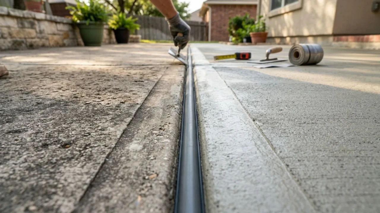 Expansion joint between old and new concrete patio San Antonio