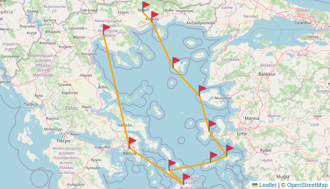 A map showing the planned route with a red flag on each of the places I visited.