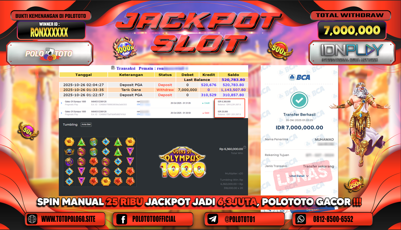 POLOTOTO JACKPOT SLOT GATES OF OLYMPUS 1000 Rp.7.000.000,- LUNAS