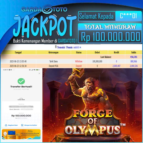 JACKPOT DI PERMAINAN  SLOT PRAGMATIC PLAY FORGE OF OLYMPUS WD Rp 100.000.000,- DIBAYAR LUNAS GARDATOTO MANTAP !