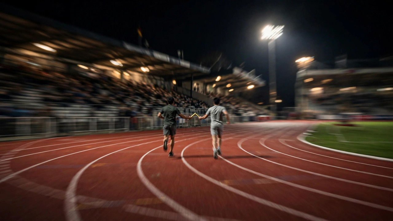 Two relay runners exchanging the baton under floodlights on a red tartan track