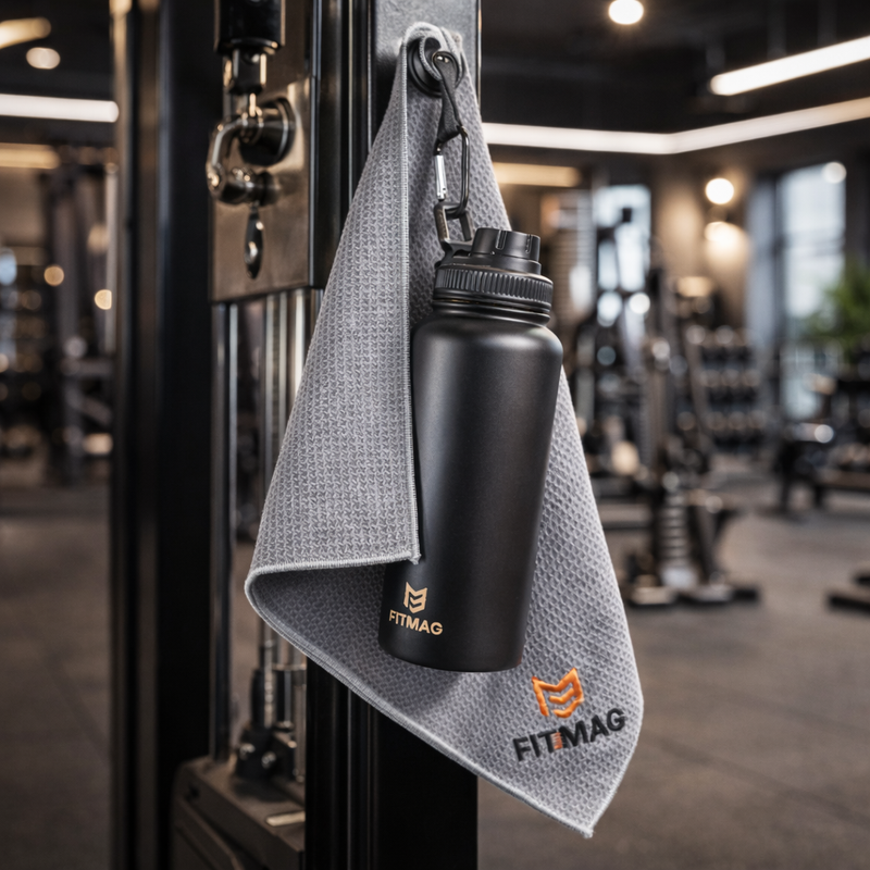 Toalla FitMag adherida con botella colgada