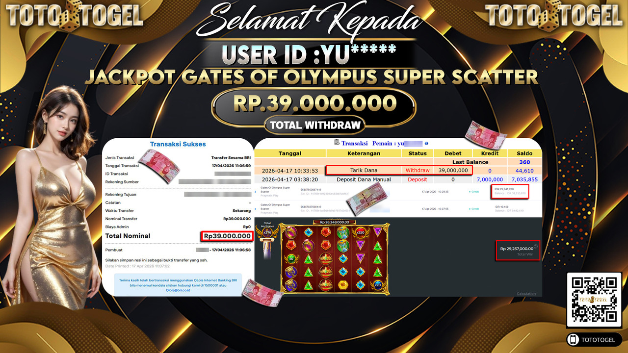 Bukti Pembayaran Jackpot Permainan Slot Gates Of Olympus Super Scatter ID:YU*****LUNAS