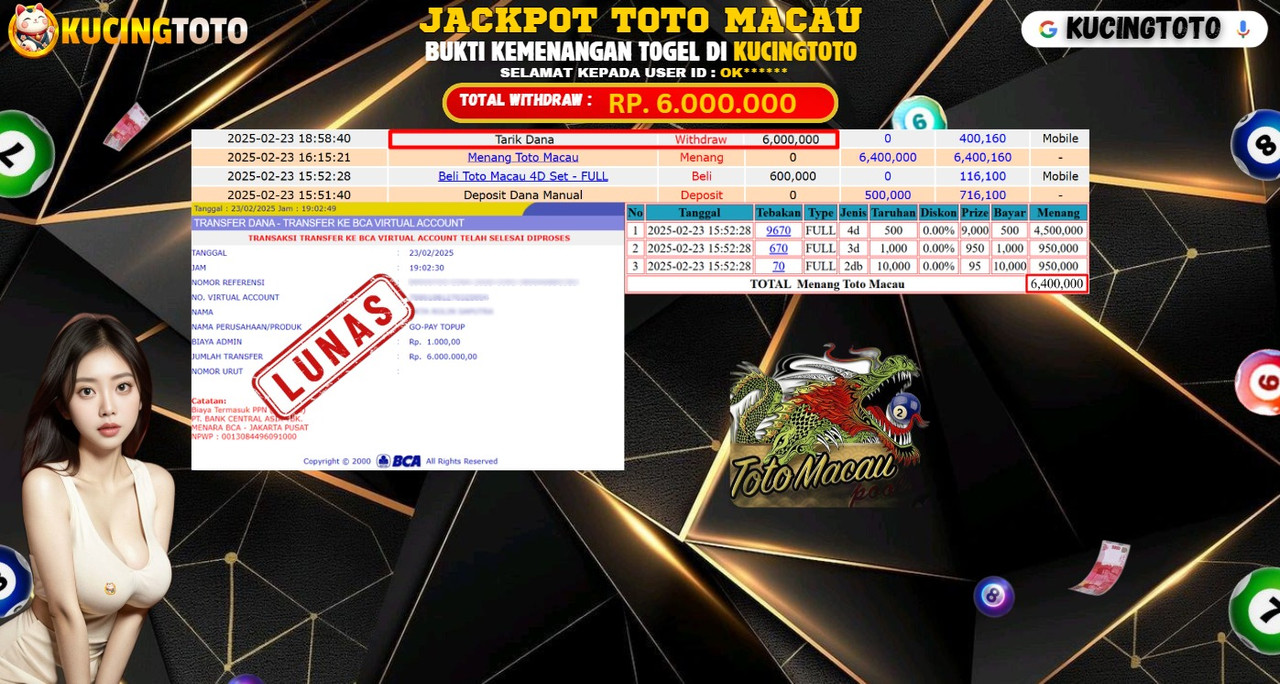 KUCINGTOTO JACKPOT TOGEL TOTO MACAU RP.6.000.000.,- LUNAS