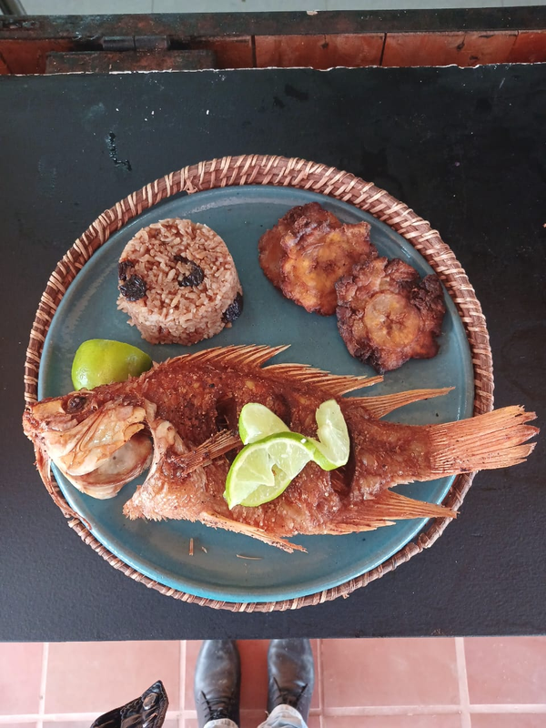 Pescado frito con arroz y patacones