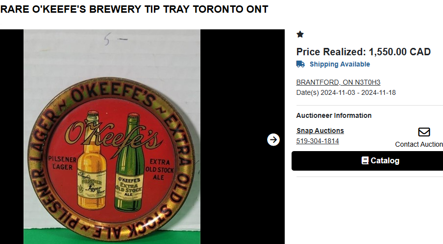 RARE O'KEEFE'S BREWERY TIP TRAY TORONTO ONT