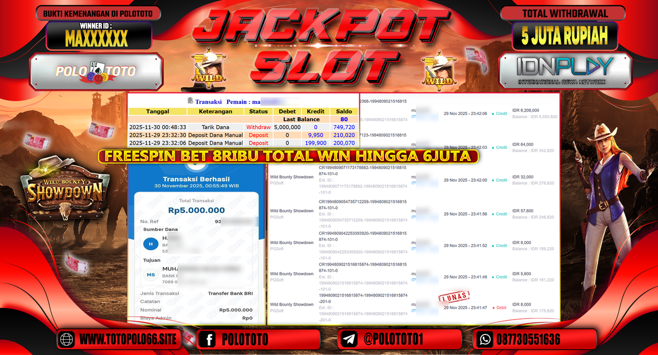 POLOTOTO JACKPOT SLOT WILD BOUNTHY SHOWDOWN Rp.5.000.000,- LUNAS