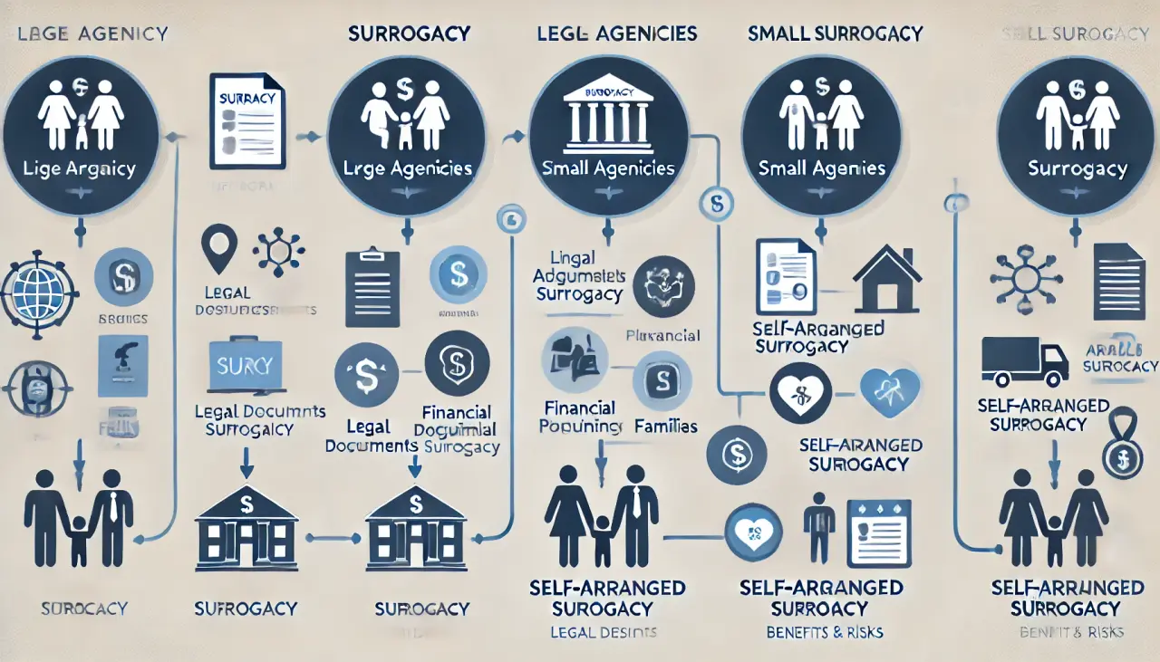 Comparison of surrogacy agency options: large agencies, small agencies, and self-arranged surrogacy.