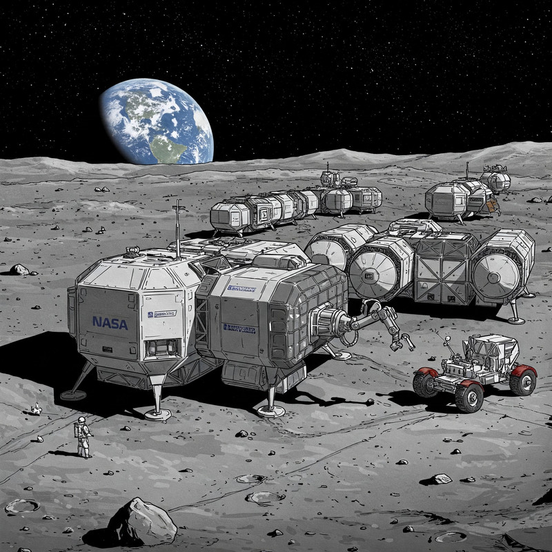 A solitary astronaut standing on a high point on the lunar surface, gazing back at the distant, vibrant blue marble of Earth.