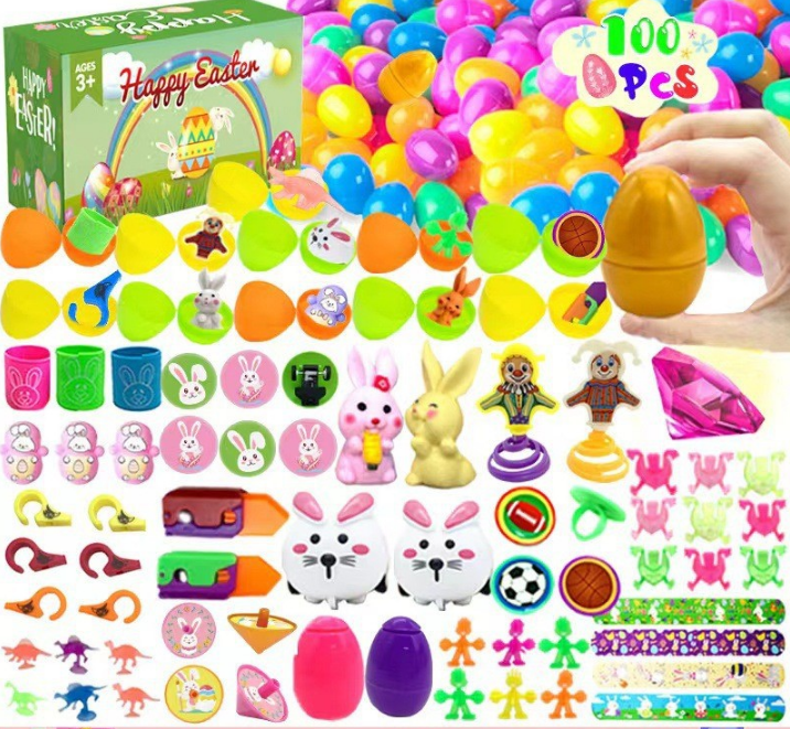 100 PCS Easter Eggs with 100 Toy Fillers - Bulk Surprise Plastic Eggs & Mini Toys Set - Includes Golden Egg - Ideal for Large Egg Hunts & Party Favours