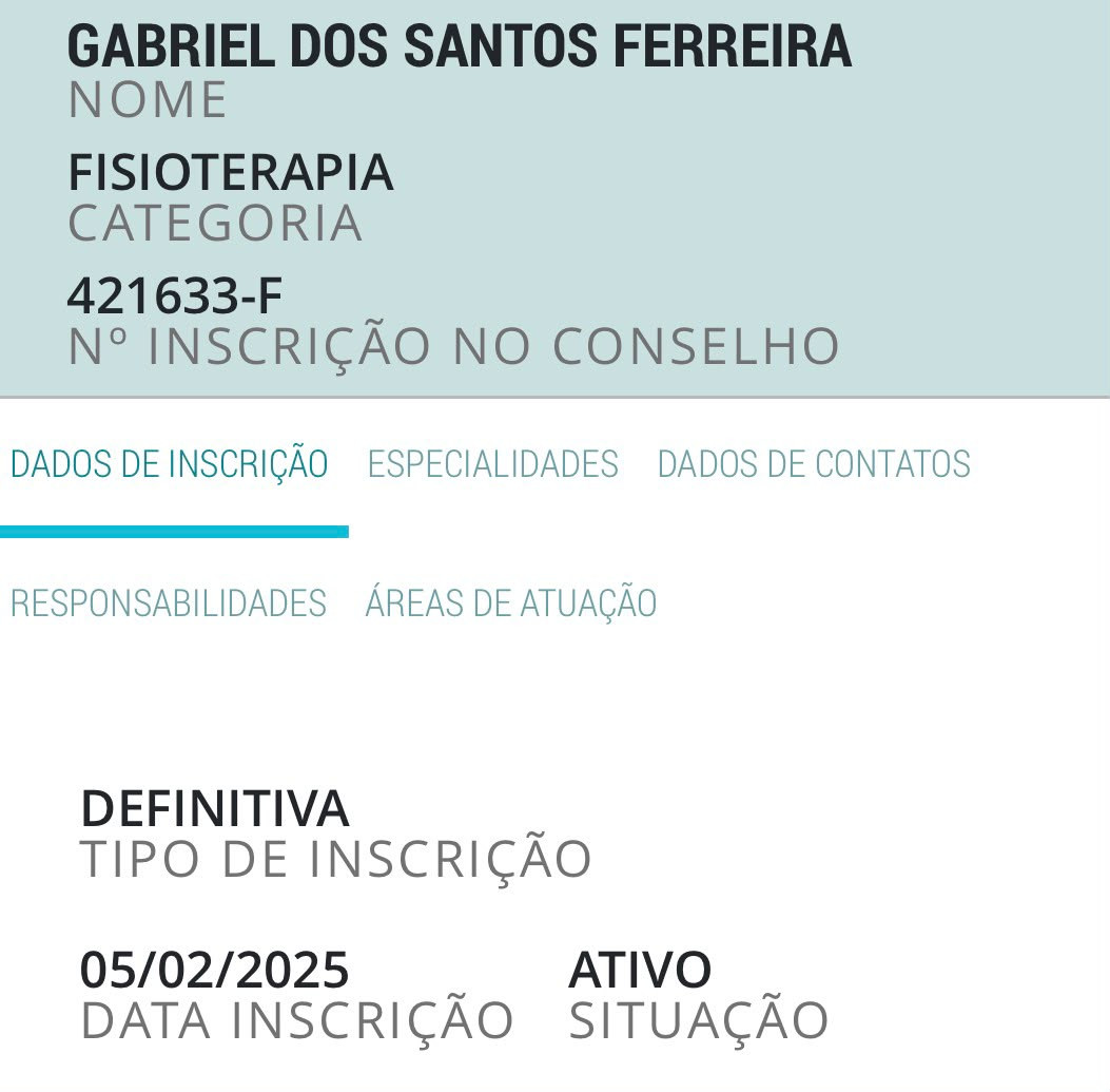 Consulta pública do registro nº 421633-F de Gabriel dos Santos Ferreira no CREFITO-4
