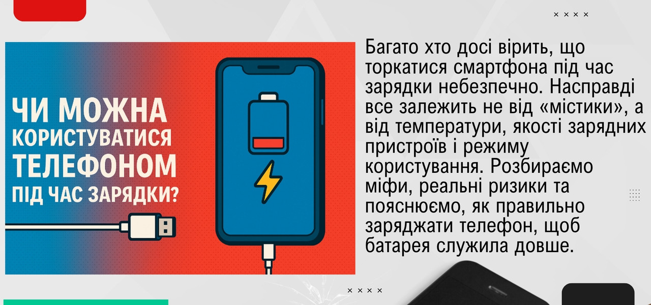 Банер про безпечне користування смартфоном під час зарядки. Мобілсаб
