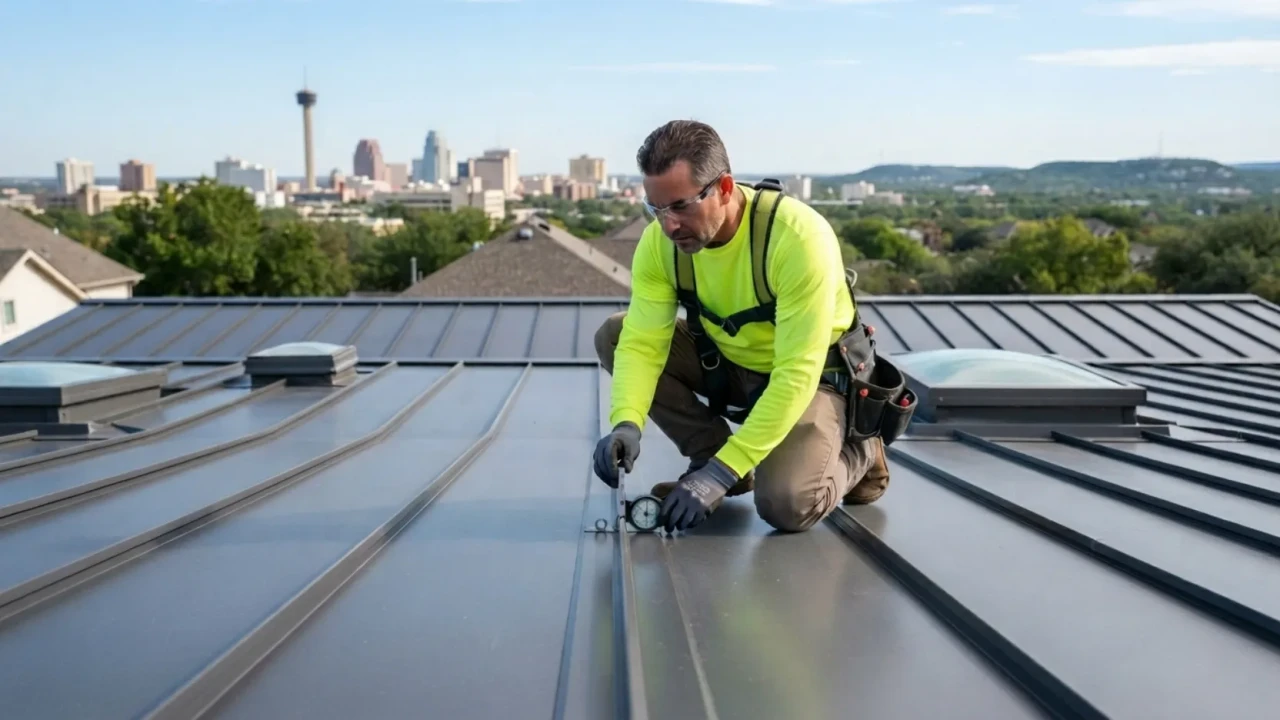 Certified metal roofing contractor inspecting standing seam installation San Antonio TX